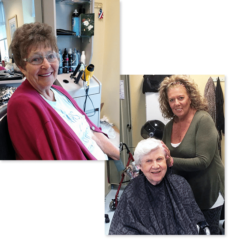 Happy residents getting their hair styled at one of  our senior residence facilities